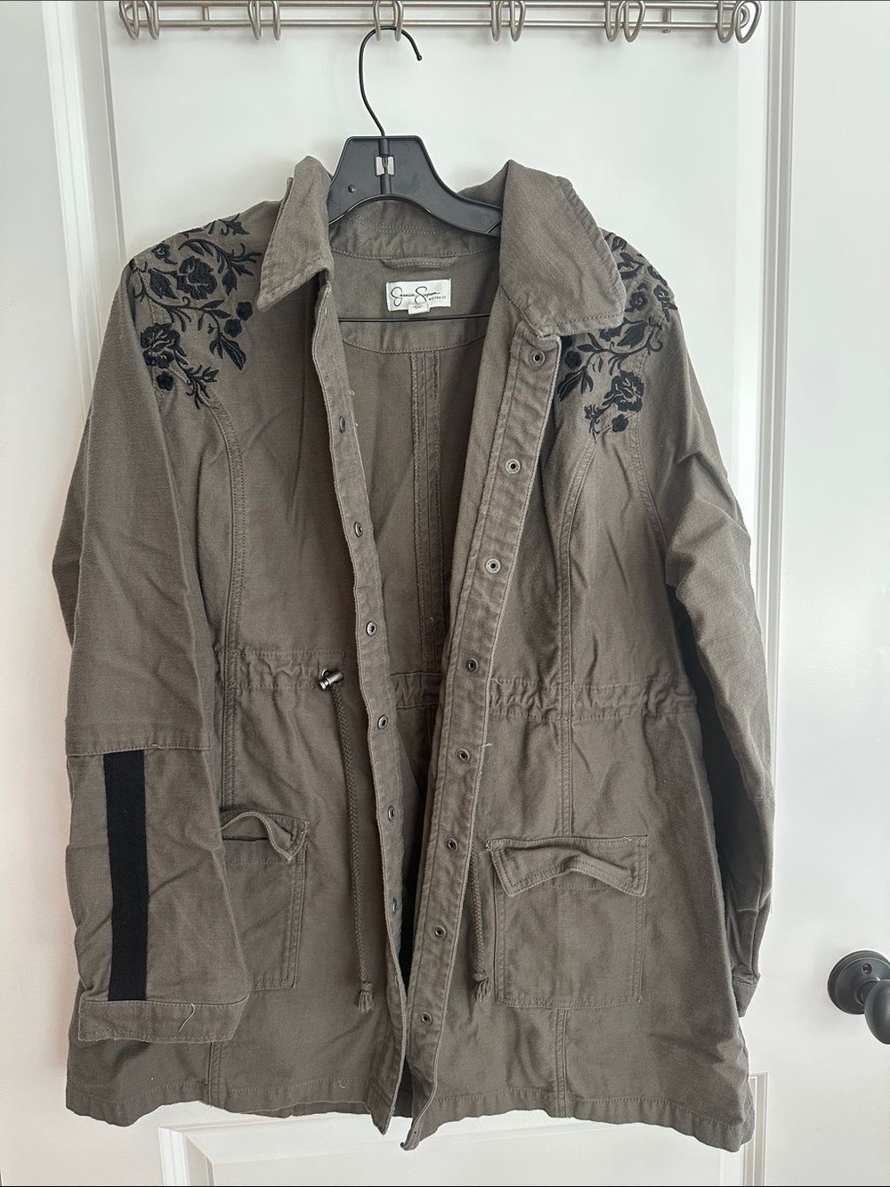 Jessica Simpson Olive Green Maternity Jacket with Black Embroidery